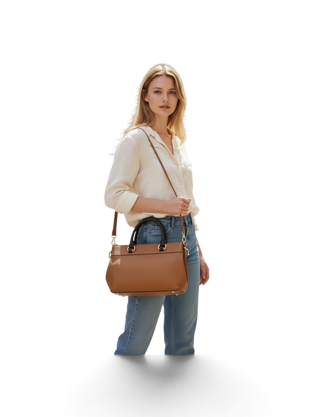 London Fog Two-Tone Tan Satchel with Black Handles